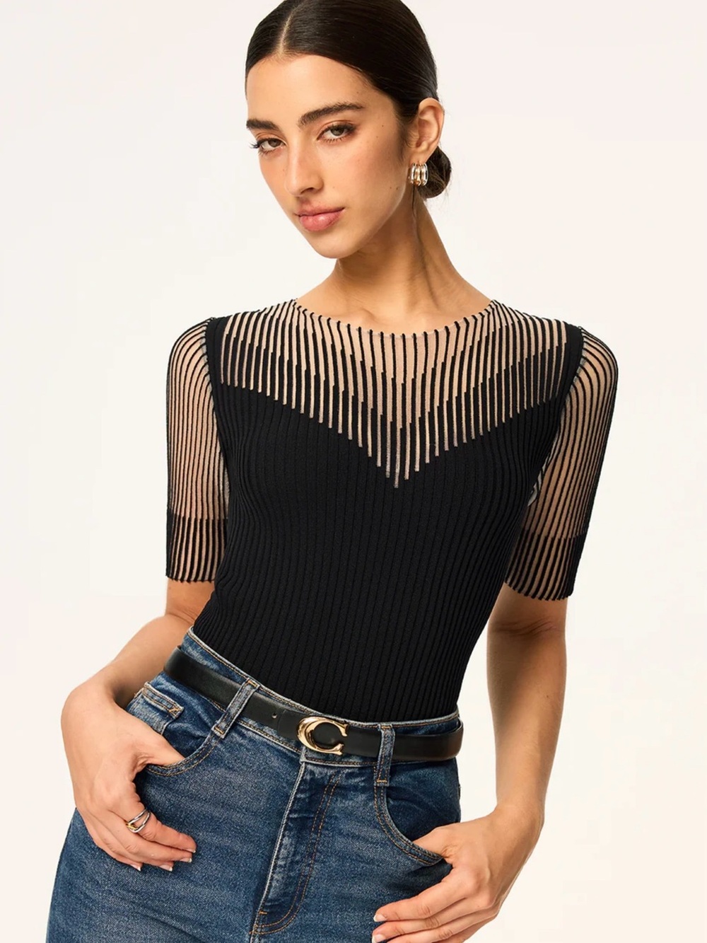 Commense Sheer Striped Panel Ribbed Ribbed Knit Top - Black - XL